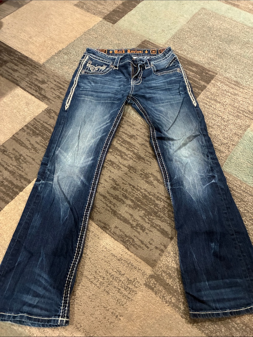 Rock Revival Auster Medium Blue Boot Cut Jeans with Contrast Stitching